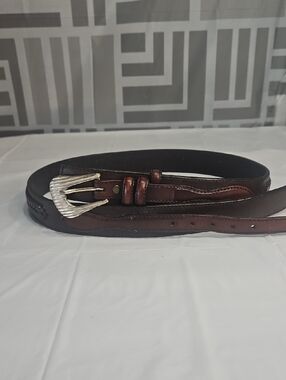 Men's Dark Brown Leather Belt with Silver Textured Buckle